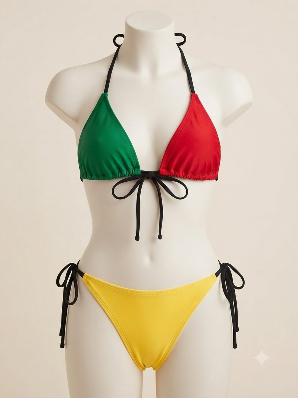 Green & Red Triangle Bikini Top with Yellow Tie-Side Bottoms - Women Swim